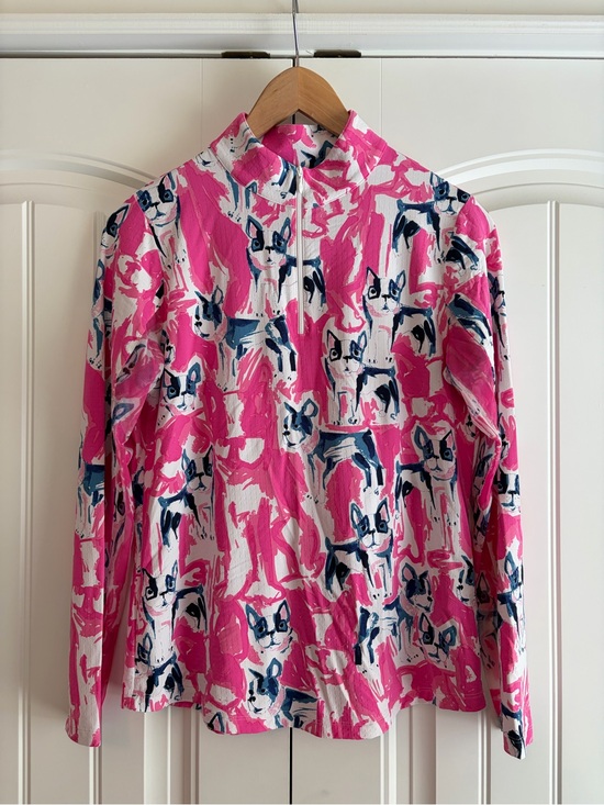 IBKUL Tops - IBKUL Icifil Frenchie Print Quarter Zip SPF 50 Long Sleeve Golf Top Size Med